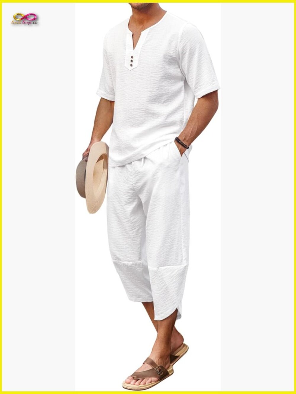 Men's Linen Henley and Harem Capri Set Casual Beach Yoga Outfit Two Piece